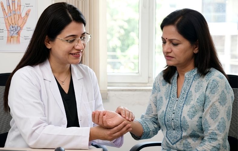 Doctor assessing wrist pain